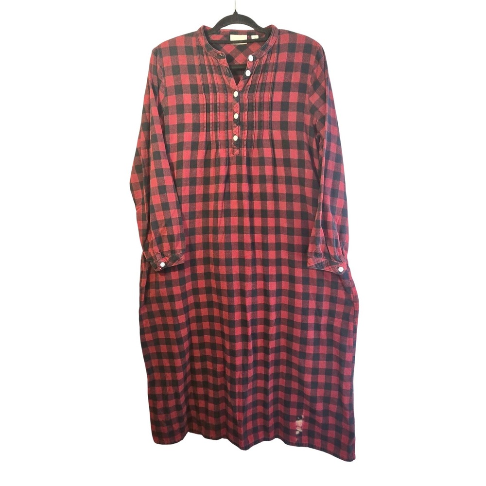 LL Bean Womens Red Black Buffalo Plaid Cotton Flannel Nightgown S *READ*